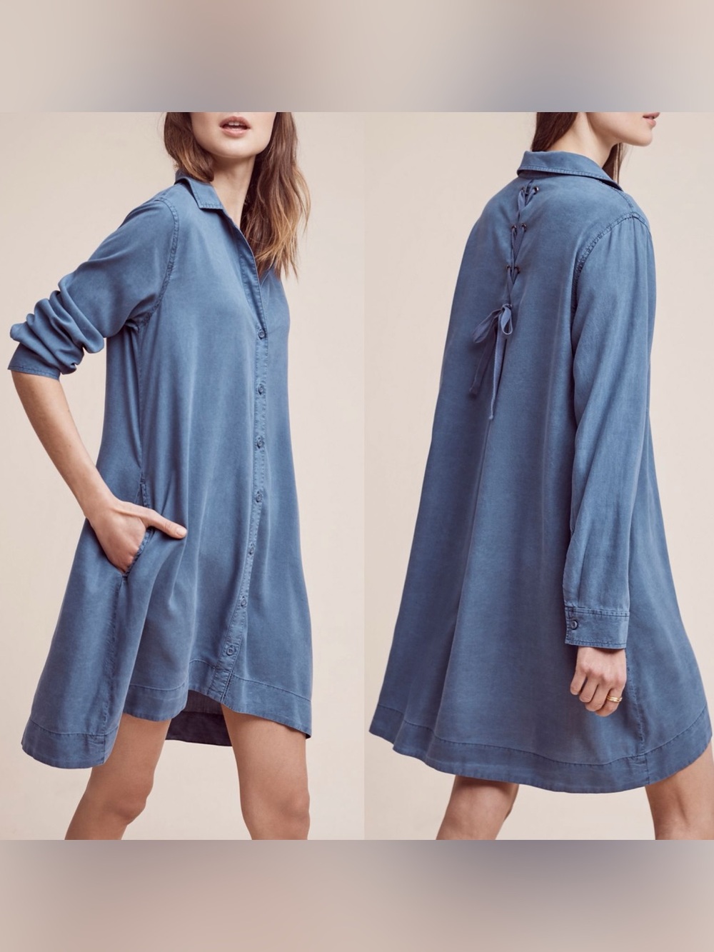 Anthropologie Blue Button-Front Shirt Dress with Back Lace-Up